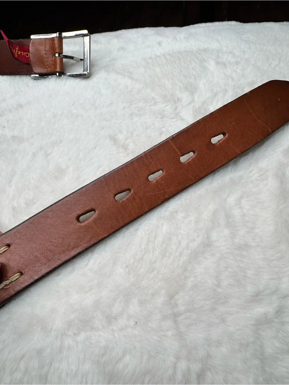 Cole Haan Genuine Leather Brown Belt Silver Rectangle Buckle Size 34/35